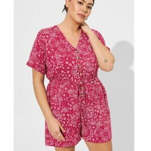 Torrid Pink Button Front Tie Waist Print Short Sleeve Romper Shorts Plus Size 1X
